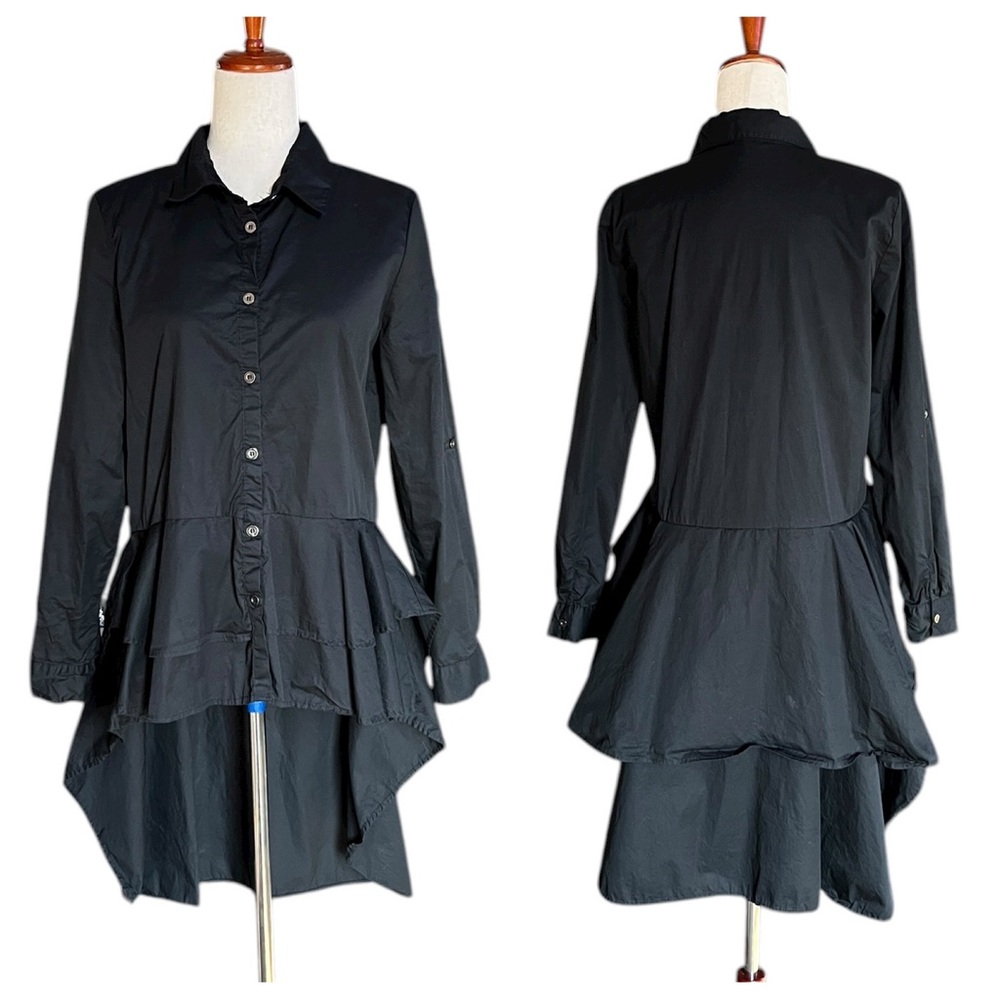 Vintage Carole Christian Black Button Down Hi Low Peplum Blouse